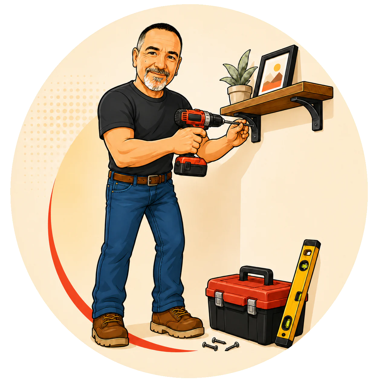 Illustration of Rick installing a shelf with a drill, with his toolbox and level nearby